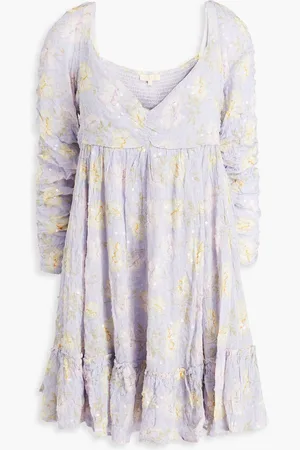 by Ti Mo Ruffled sequin-embellished floral-print crepe mini dress - Purple