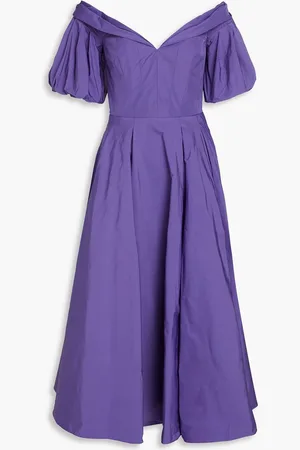 Marchesa Notte Off-the-shoulder pleated taffeta midi dress
