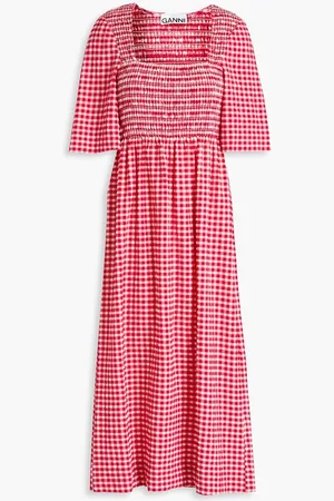 Ganni Gingham shirred seersucker midi dress - Pink