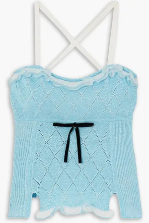 CORMIO Heide velvet-trimmed pointelle-knit metallic cotton-blend camisole - Blue