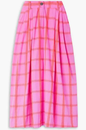 Mara Hoffman Tulay pleated embroidered checked cotton midi skirt