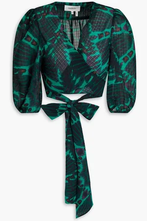 Bash Cally cropped printed crepon wrap top - Green