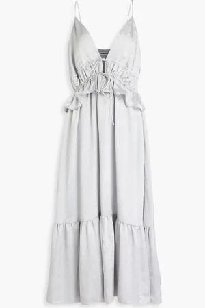 Solid Ruffled crinkled-satin midi dress - Gray