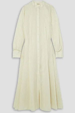 Khaite Waylon oversized pleated striped wool, silk and cotton-blend shirt dress - White