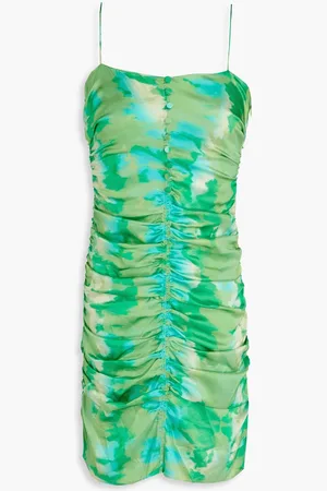 Ganni Ruched printed silk-blend satin mini dress