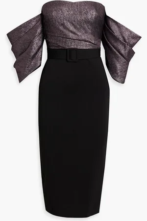 Badgley Mischka Off-the-shoulder lamé-paneled crepe midi dress