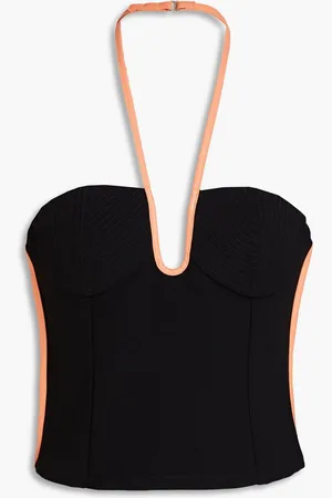 Paris Georgia Nassia faux leather-trimmed crepe halterneck top