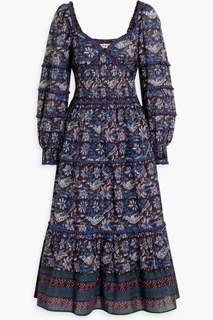 SEA Noah shirred tiered floral-print cotton-voile midi dress - Purple