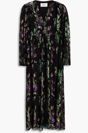 Bash Gathered metallic fil coupé chiffon midi dress