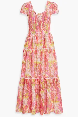 LOVESHACKFANCY Elisabelle shirred floral-print cotton and silk-blend maxi dress - Orange