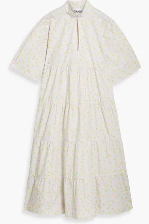Ganni Tiered floral-print cotton-poplin midi dress - Pink