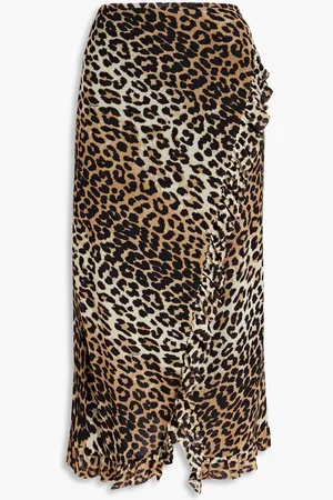 Ganni Ruffled leopard-print stretch-mesh midi wrap skirt