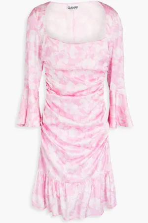 Ganni Draped printed silk-blend satin mini dress - Pink