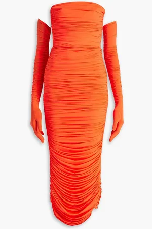 ALEX PERRY Strapless ruched neon stretch-jersey midi dress - Orange
