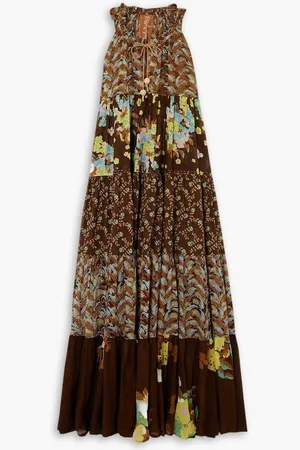 YVONNE S Tie-detailed tiered floral-print cotton-voile maxi dress - Brown