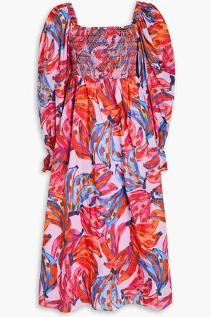 Farm Rio Smocked printed cotton-voile midi dress - Purple