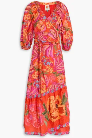 Farm Rio Floral-print Swiss-dot cotton midi dress - Red