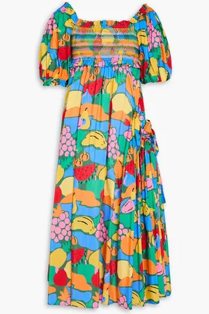 Farm Rio Smocked printed cotton-blend midi dress