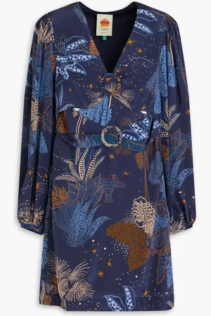Farm Rio Belted printed crepe de chine mini dress - Blue