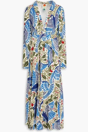 Farm Rio Pleated printed crepe midi dress - Blue