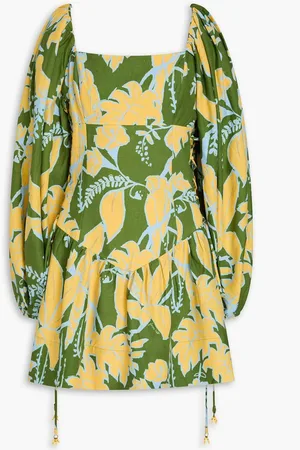 Farm Rio Lace-up floral-print linen-blend mini dress - Green