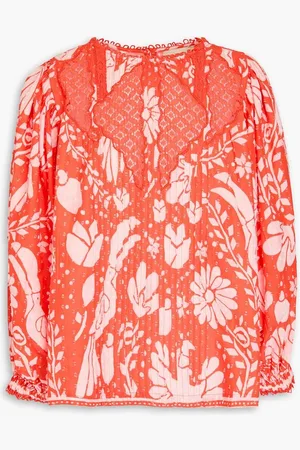 Farm Rio Lace-trimmed floral-print Swiss-dot cotton blouse - Orange