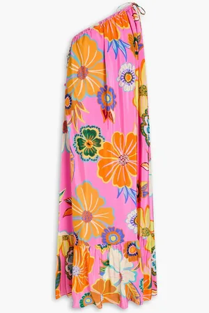 Farm Rio One-shoulder floral-print satin maxi dress
