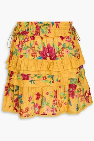 Farm Rio Bead-embellished ruffled floral-print cotton-poplin mini skirt - Yellow