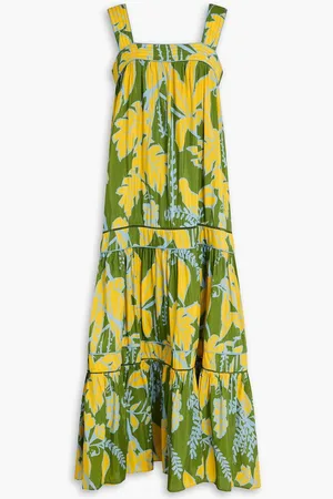 Farm Rio Tiered floral-print cotton-blend maxi dress - Green