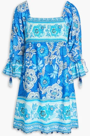 Farm Rio Off-the-shoulder floral-print Swiss-dot cotton mini dress - Blue