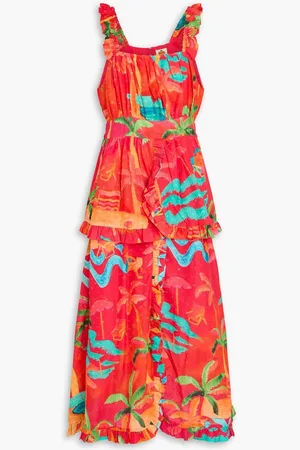 Farm Rio Ruffled printed Swiss-dot cotton midi dress - Orange