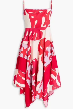Farm Rio Crochet-trimmed printed linen-blend midi dress - Orange