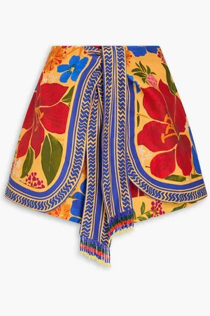 Farm Rio Bead-embellished layered floral-print linen-blend shorts - Yellow