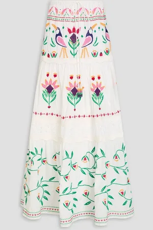 Farm Rio Tiered embroidered cotton-mousseline maxi skirt - White