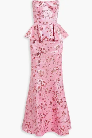 Marchesa Notte Strapless metallic brocade peplum gown