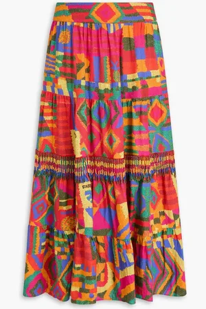 Farm Rio Bead-embellished printed linen-blend midi skirt