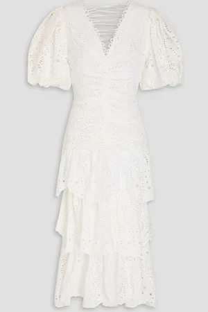 Farm Rio Tiered broderie anglaise cotton midi dress - White