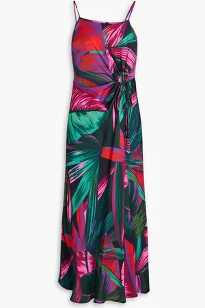 Farm Rio Bead-embellished cutout printed satin midi dress - Green