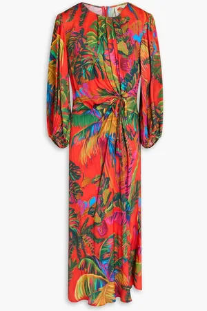 Farm Rio Bead-embellished ruched printed satin midi dress