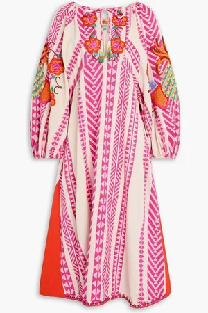 Farm Rio Gathered cotton-blend jacquard midi dress - Pink