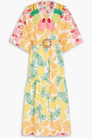 Farm Rio Belted bead-embellished printed cotton-poplin midi dress