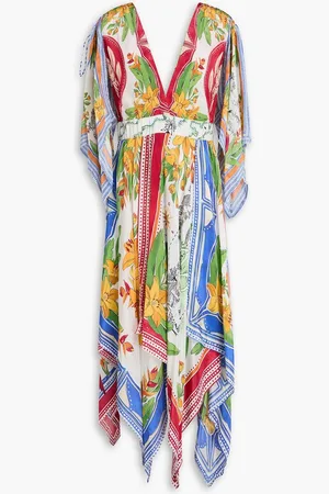 Farm Rio Draped bead-embellished printed crepe de chine maxi dress