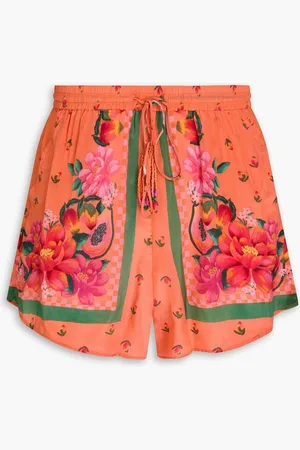 Farm Rio Bead-embellished floral-print satin shorts - Orange