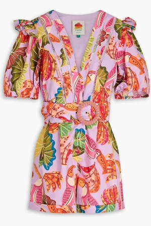 Farm Rio Belted printed cotton-poplin playsuit - Purple