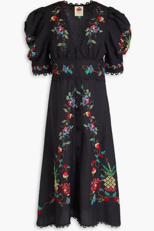 Farm Rio Embroidered linen-blend midi dress