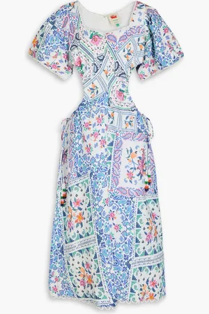 Farm Rio Embellished cutout paisley-print linen midi dress - Blue