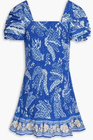 Farm Rio Smocked printed broderie anglaise cotton mini dress