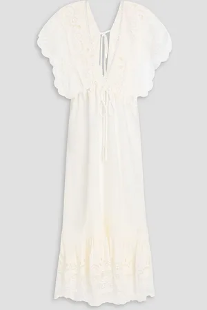 Farm Rio Ruffled linen-blend guipure lace midi dress - White