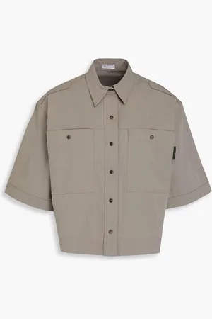 Brunello Cucinelli Cropped bead-embellished cotton-blend twill shirt - Neutral