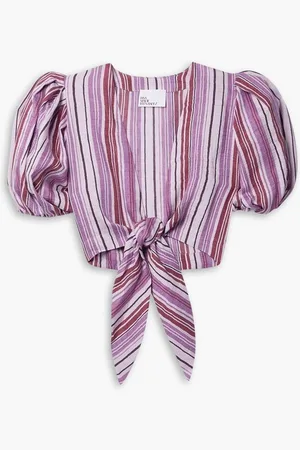 Lisa Marie Fernandez Pouf cropped tie-front striped linen-blend top